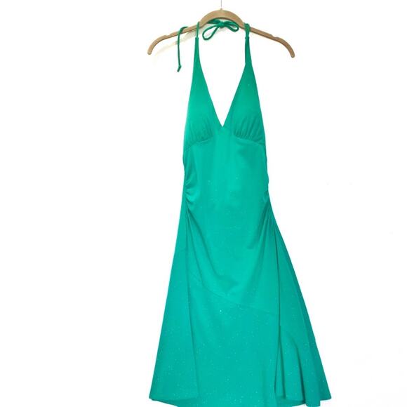 90s Backless Dress Vintage City Triangles Sparkly Green Halter Dress Sz L Junior - Picture 3 of 13